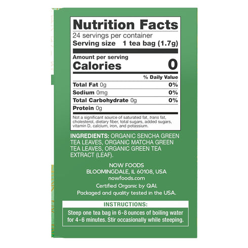 24-Count NOW Foods, Certified Organic Green Kick Tea, with Polyphenols, Premium Unbleached Tea Bags with No-Staples