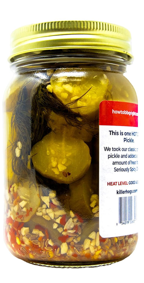 16 oz Killer Hogs Hot Dill Pickles for BBQ and Grill Sides, Meat Sandwiches, Hamburgers, Snacks, Crisp and Crunchy