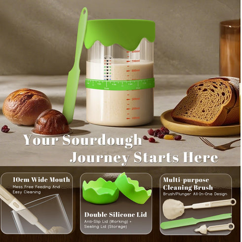 10-In-1 34 Oz Pro Sourdough Starter Kit Glass Jar With Lid, Cloth Cover, Date Band, Brush, Temp Strip, Silicone