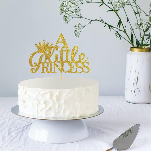 A Little Princess with Crown Cake Topper - Gold Glitter Baby Birthday Party Decoration