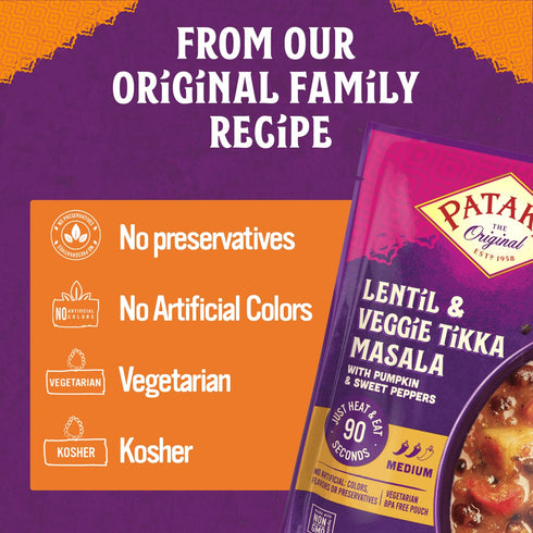 10.5oz (Pack 6) Pataks Lentil & Veggie Tikka Masala - Vegetarian Indian Curry w/Lentils, Beans, Pumpkin, Sweet Potatoes