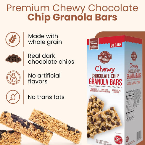 Wellsley Farms 110 60 Count (Pack 1) Chewy Chocolate Chip Granola Bars - No High-Fructose Corn Syrup - Vegetarian