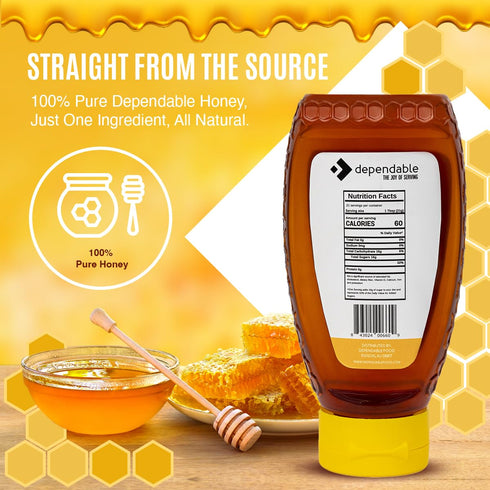 16 oz. 100% Dependable Food Raw Honey - Squeeze Bottle - Pure, Raw, All Natural, Wildflower Honey - Hive to Bottle