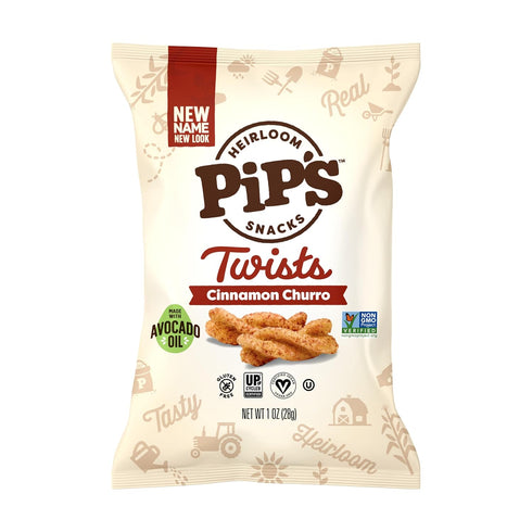 1 oz (24 Packs Pips Heirloom Cinnamon Churro Twists Bags pk) Individually Wrapped Snack Made With Heirloom Corn