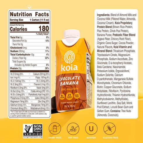 20g 5g 6g 21 11 Oz (Pack 12) Koia Plant Based Protein Shake, Chocolate Banana, Protein, Sugar, Prebiotic Fiber