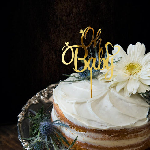 6Pcs Oh Baby Cake Topper, Gold Acrylic Baby Shower Cake Decorations for Birthday Party Supplies