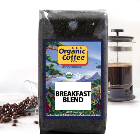 2LB (32 Organic Coffee Co. Breakfast Blend Whole Bean Coffee Ounce) Medium Light Roast USDA Organic