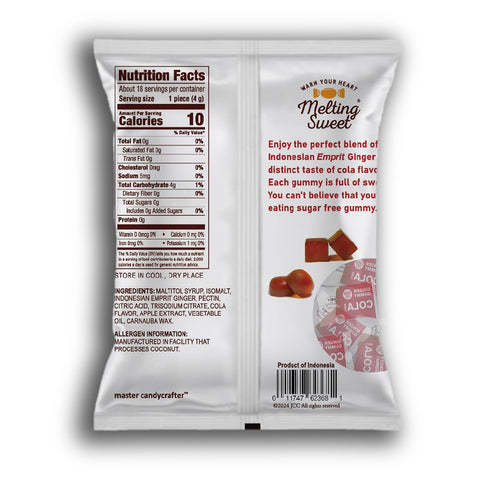 Gummies 2.5 oz, Pack 1) Melting Sweet SUGAR FREE Ginger Chew Candy - Fluten Free, Non GMO Snacks (Cola Flavor