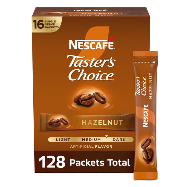 NESCAF Taster's Choice, Instant Coffee Packets, Hazelnut Flavored Coffee, 8 Boxes (128
