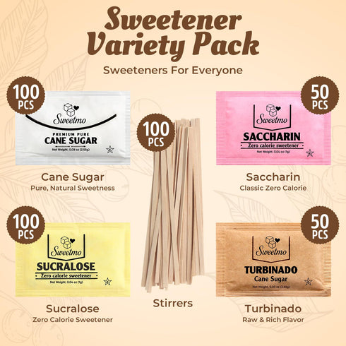 Sweetmo Packets Pack 400 Count Sugar Variety - Sucralose, Raw Sugar, Saccharin, Cane Sugar with Wooden Stirrers