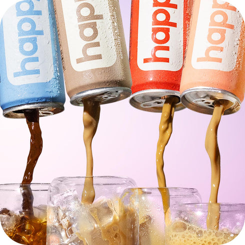 11 oz. 12 pack, 100% happy coffee canned mocha latte, cans, notes of cocoa & elation, arabica beans, no artificial