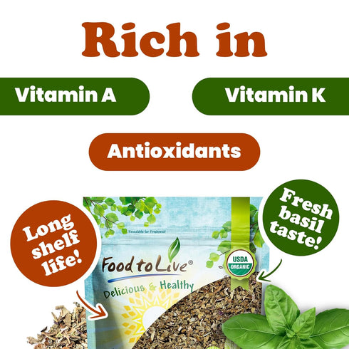 4 Food to Live - Organic Basil Leaves, Ounces Dried & Cut. Great for Pizzas, Pesto, Soups, Sauces, Salads and Herbal
