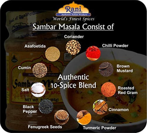 Rani Sambar Masala (Lentil Soup Spice Blend) 3oz (85g) PET Jar, All Natural, Vegan, Gluten Friendly, Kosher