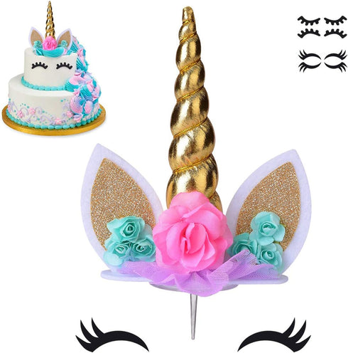 Unicorn Cake Topper, Handmade Party Decoration Supplies with Gold Horn for Birthday, Baby Shower, Wedding