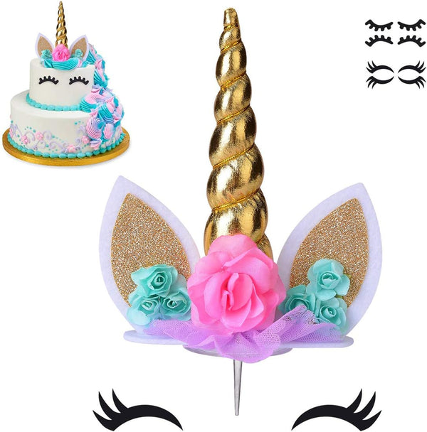 Unicorn Cake Topper, Handmade Party Decoration Supplies with Gold Horn for Birthday, Baby Shower, Wedding