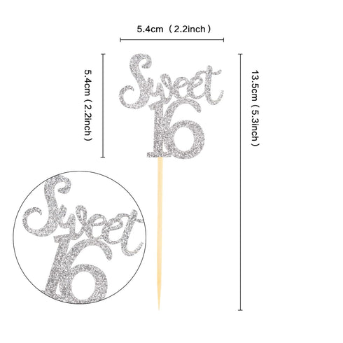 Ercadio Silver Sweet 16 Cupcake Toppers - Glitter Age Sixteen Picks for 16th Birthday Party Cake Decorations, 24 PCS