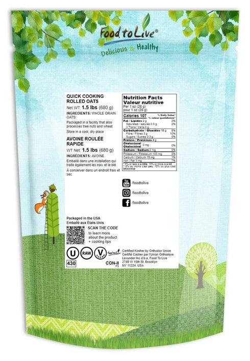 1.5 Food to Live Quick Cooking Rolled Oats, Pounds - One Minute Oatmeal, Whole Grain, Instant Meal, Dry Thin Flakes