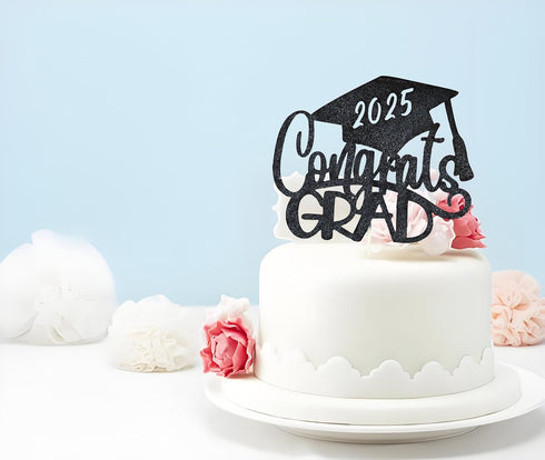 Congrats Grad Cake Topper - Black Glitter 2025 with Graduation Cap - 2025 Graduation Party Decorations