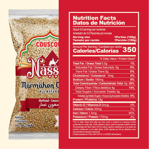 14 Oz,1-Pack De Mi Pais Couscous Marmahon Original Nassar - Handmade, High in Fiber, Good Source of Energy, Middle