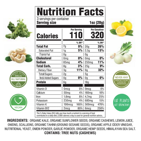 Earthy Krunchy Snacks Kale Chips - Sour Cream and Onion Flavor - Organic High Protein Snack - Crunchy with No Sugar