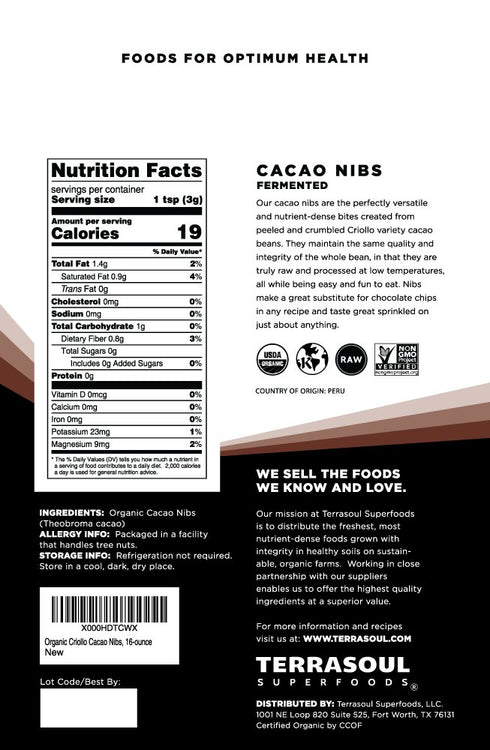 2 Lbs (2 Pack) Terrasoul Superfoods Raw Organic Cacao Nibs, - Raw | Keto | Vegan