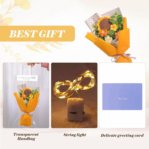 Predimeza Stunning Crochet Flower Bouquet with LED Lights - Handcrafted Knitted Flowers & Crochet Sunflower Arrangement