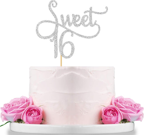 Silver Glitter Sweet 16 Cake Topper - Happy 16th Birthday, 16th Anniversary Party Decoration Supplies