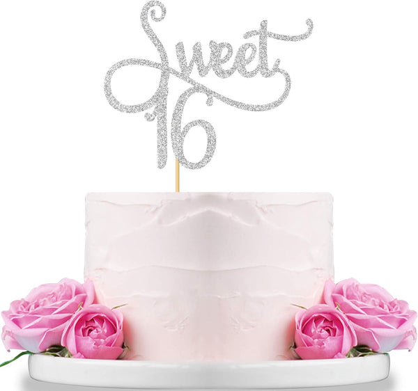 Silver Glitter Sweet 16 Cake Topper - Happy 16th Birthday, 16th Anniversary Party Decoration Supplies