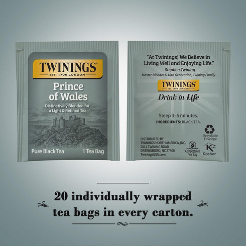 20 Count (Pack 4) Twinings Prince of Wales Tea A Light & Velvety Smooth Caffeinated Black Tea, Individually Wrapped Tea