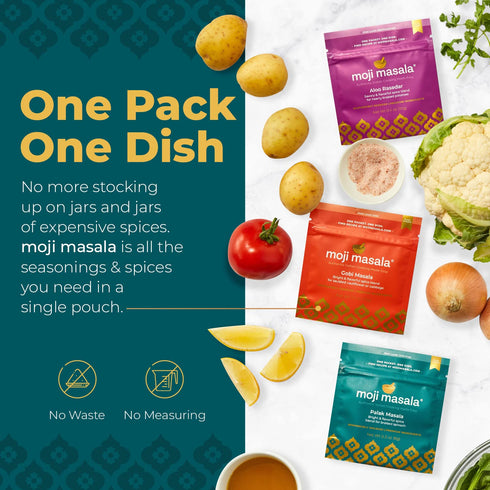 moji masala Indian Spice Kits – Variety of Seasonings Sets – Palak Masala, Gobi Masala, Aloo Rasedar Spice Blend –