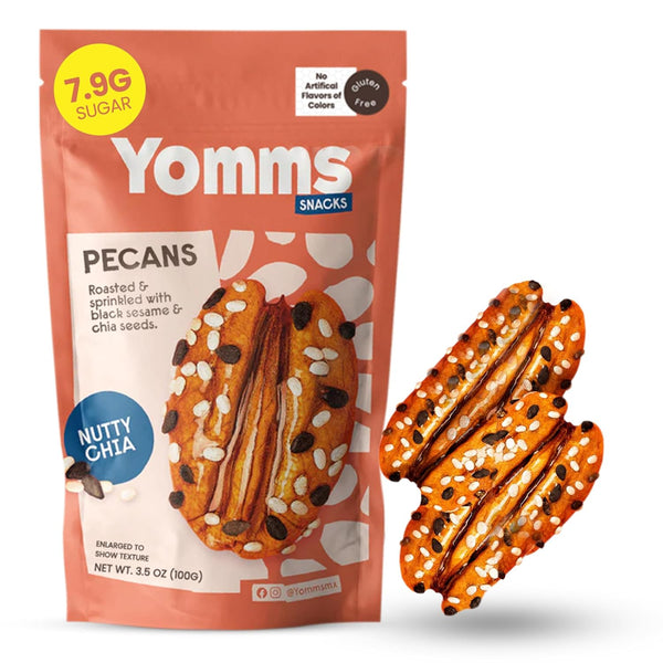 Yomms Nutty Chia Glazed Whole Pecan Halves, 3.5 oz, Gluten-Free & Non-GMO