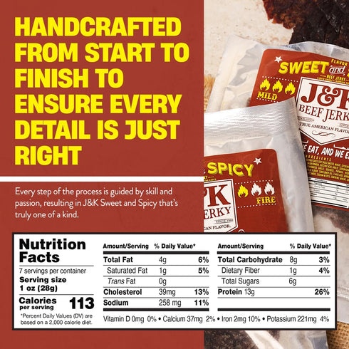 7oz J&K Sweet and Spicy Beef Jerky - Hand Crafted Small Batch American Made Slab Beef Jerky - Bold & Flavorful Snack!