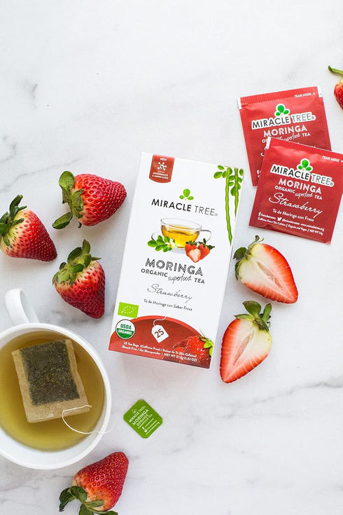 Miracle Tree Organic Moringa Superfood Tea, 25 Sealed Bags, Strawberry