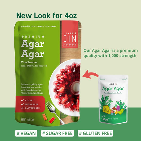 LIVING JIN Agar Agar Powder, 4 oz., Kosher, Plant-Based Gelatin Powder, Vegan