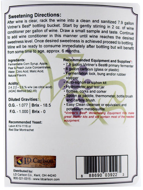 Base-Peach,128 oz Vintners Best Fruit Wine