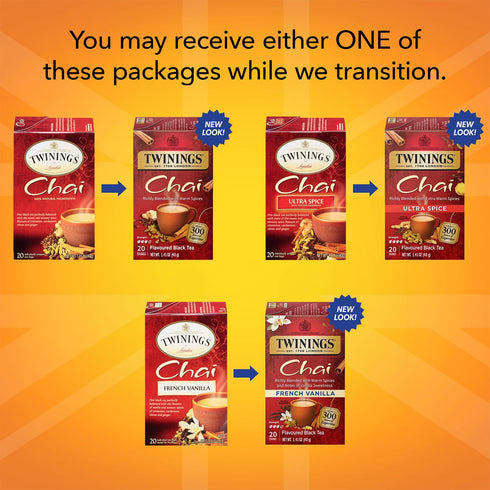 Twinings Chai Tea Variety 3-Pack – Chai, Ultra Spice Chai, French Vanilla Chai, Caffeinated Black Tea Bags (20 Count