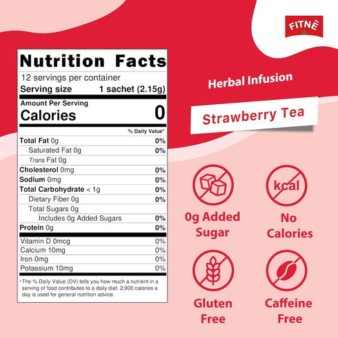 FITNE Strawberry Herbal Detox Tea - 12 Tea Bags, Fruity Myrobalan Rhubarb Senna Infusion, No Calories
