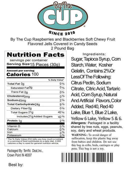 2 lb By The Cup Raspberries and Blackberries Soft Chewy Fruit Flavored Jells Covered in Candy Seeds, Bulk Bag