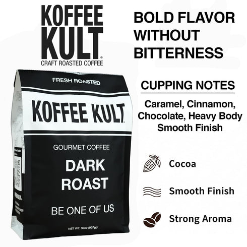 100% 32oz Package Koffee Kult Dark Roast Whole Bean Coffee - Small Batch Arabica Gourmet Blend, Smooth and Well