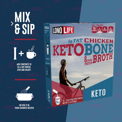 LonoLife Keto Chicken Bone Broth Powder Mix | 10g Protein | Collagen-Rich, Keto & Paleo Friendly, 4 Stick Pack