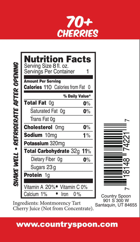 Country 100% (70+ 8 oz) 12 Pack Spoon Tart Cherry Juice Tart Cherries Per | Not from Concentrate, Single Ingredient