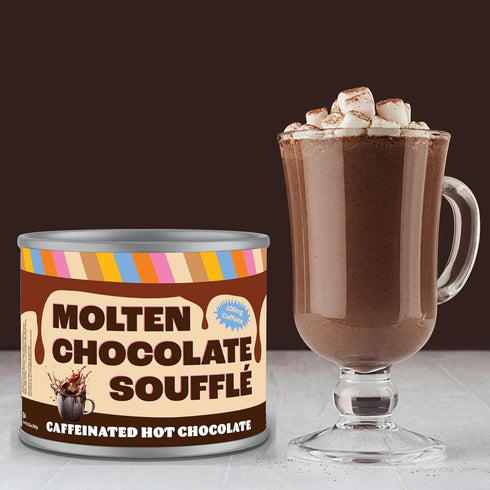 12 Crazy Cups Caffeinated Molten Chocolate Souffle Hot Cocoa Mix - Premium Coffee Substitute, Ounce Canister for Bulk