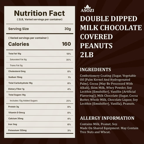 2LB ASOZI Double Dipped Milk Chocolate Covered Peanuts Resealable Bag Extra Thick Chocolate Coating, Crunchy Premium