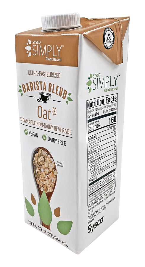 Sysco 32 oz 2 Pack Simply Plant Based Barista Blend Oat Milk fl | Dairy Free | Kosher | Vegan & Vegetarian |