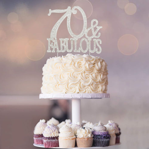 70th Birthday Party Cake Topper - Premium Silver Metal, Sparkly Rhinestone Decoration, 70 and Fabulous, Great