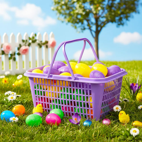 Platinum Series Set 60 Bulk Easter Eggs & Basket - Easter Hunt Bundle of Fillable Plastic Eggs, Tattoos, Candy Money
