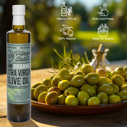 (16.9 oz, Village Batch Raw Organic Extra Virgin Olive Oil, Cold Pressed and Unfiltered EVOO, Authentic Greek Olive
