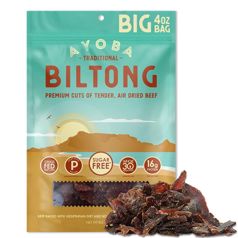 Ayoba Traditional Grass Fed Beef Biltong Slices - Keto Friendly Air-Dried Beef Paleo Snacks (4 Ounce, Pack of 1)