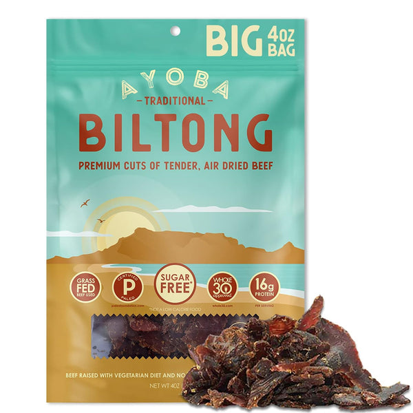 Ayoba Traditional Grass Fed Beef Biltong Slices - Keto Friendly Air-Dried Beef Paleo Snacks (4 Ounce, Pack of 1)