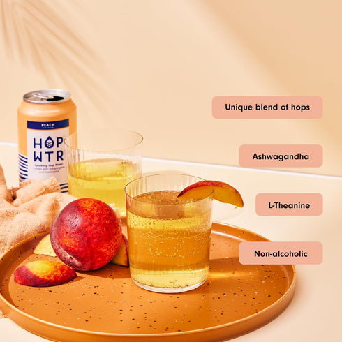 12 Pack, 12 oz HOP WTR Sparkling Hop Water, Peach Sugar Free, Low Carb Non Alcoholic Drinks, NA Beer, Adaptogen Drink